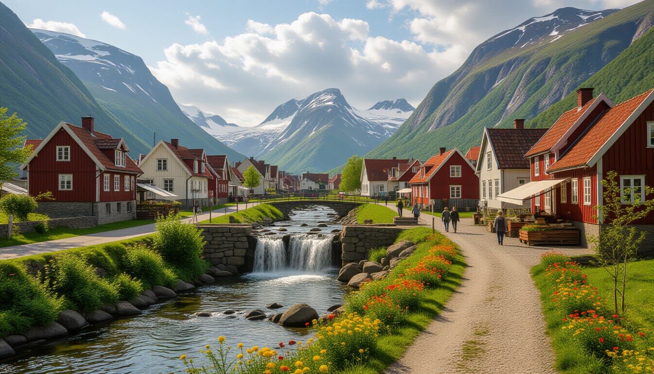 Village Market by Waterfall in Classic Landscape Style