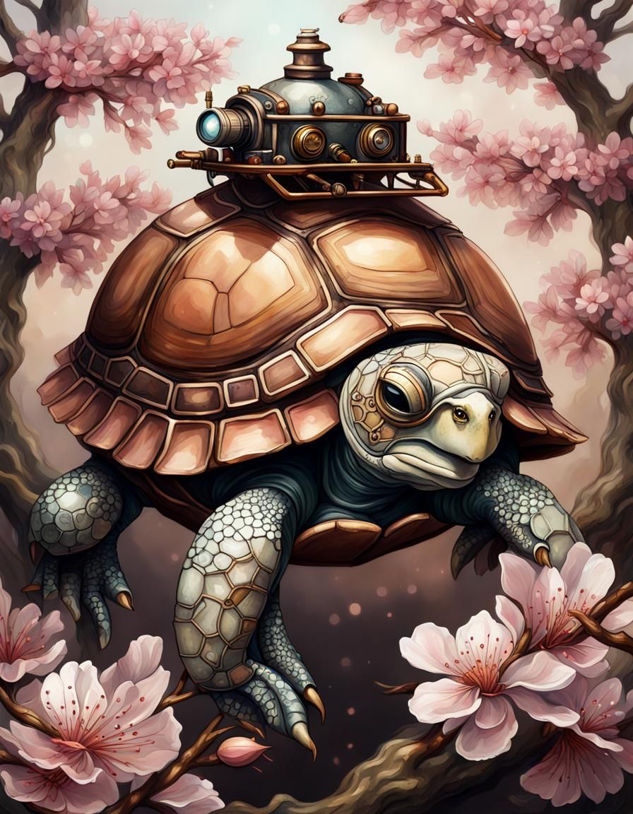 Steampunk Cherry Blossom Turtle Portrait