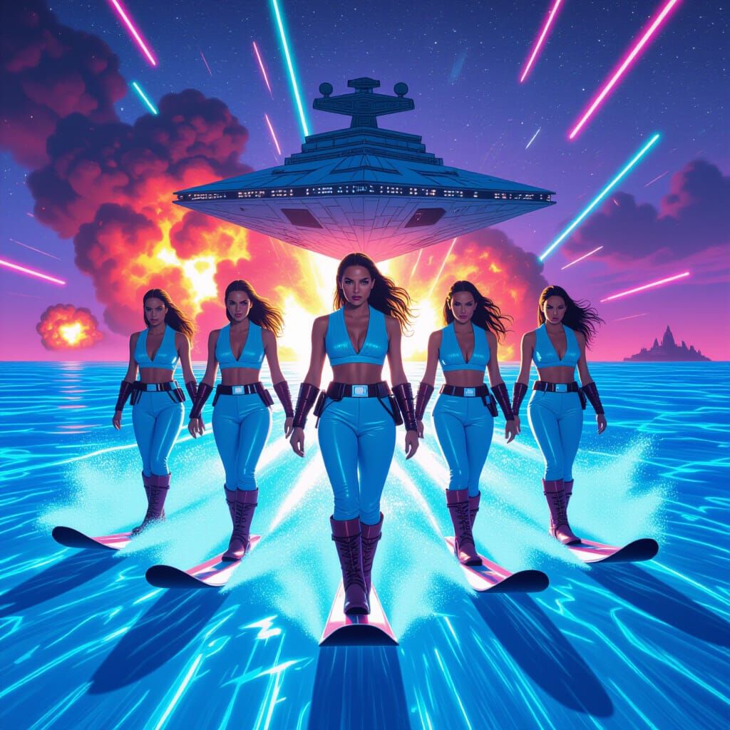 Mermaid Jedi Waterskiing Past Exploding Star Destroyer