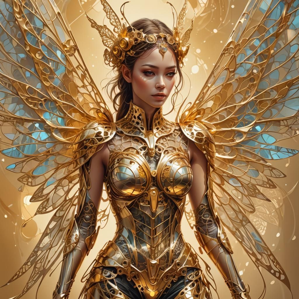 Golden Cyborg Fairy: Abstract Vector Art