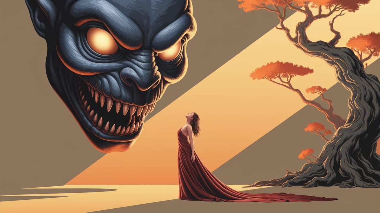 Obsidian Creature and Woman in Crimson Silk, in Brom Style