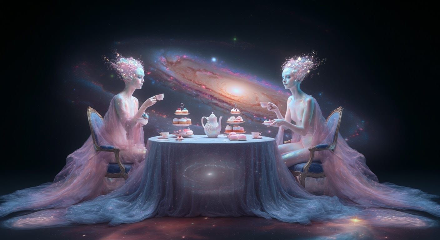 Ethereal Beings Sip Tea Amidst Cosmic Whimsy in a Dreamlike ...