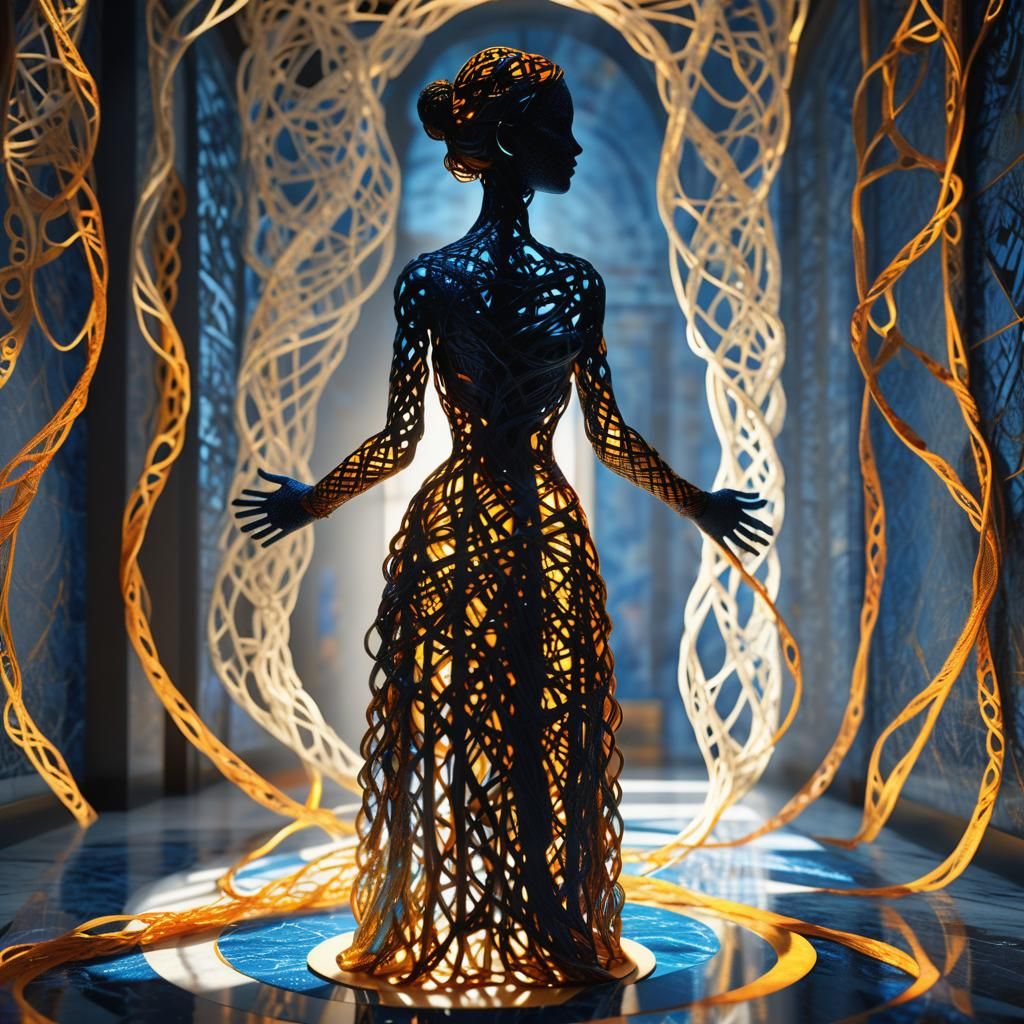 Surreal String Art Woman Silhouette in Museum