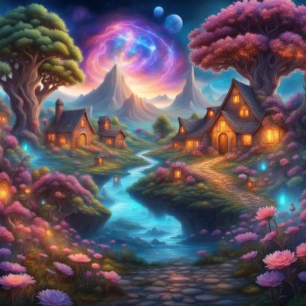 Magical Village: A Volcanic Fantasy Illustration