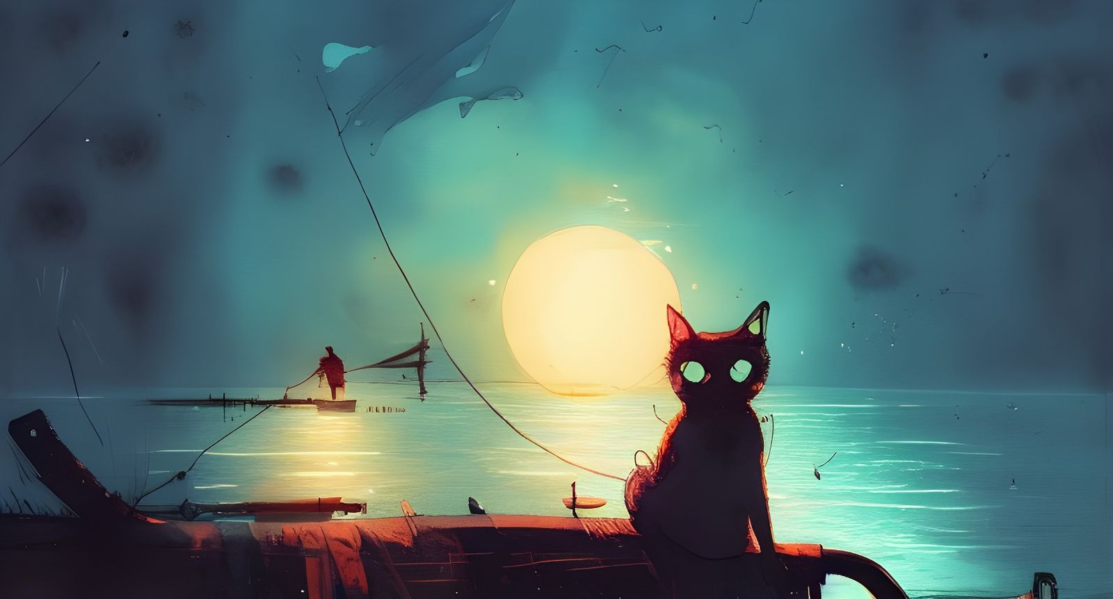 Cat and Ocean at Night: Digital Illustration