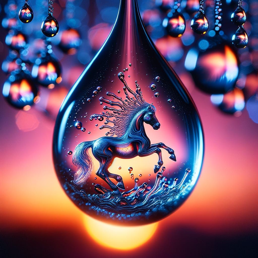 Miniature Horse in Waterdrop, Hyper-Realistic Digital Art