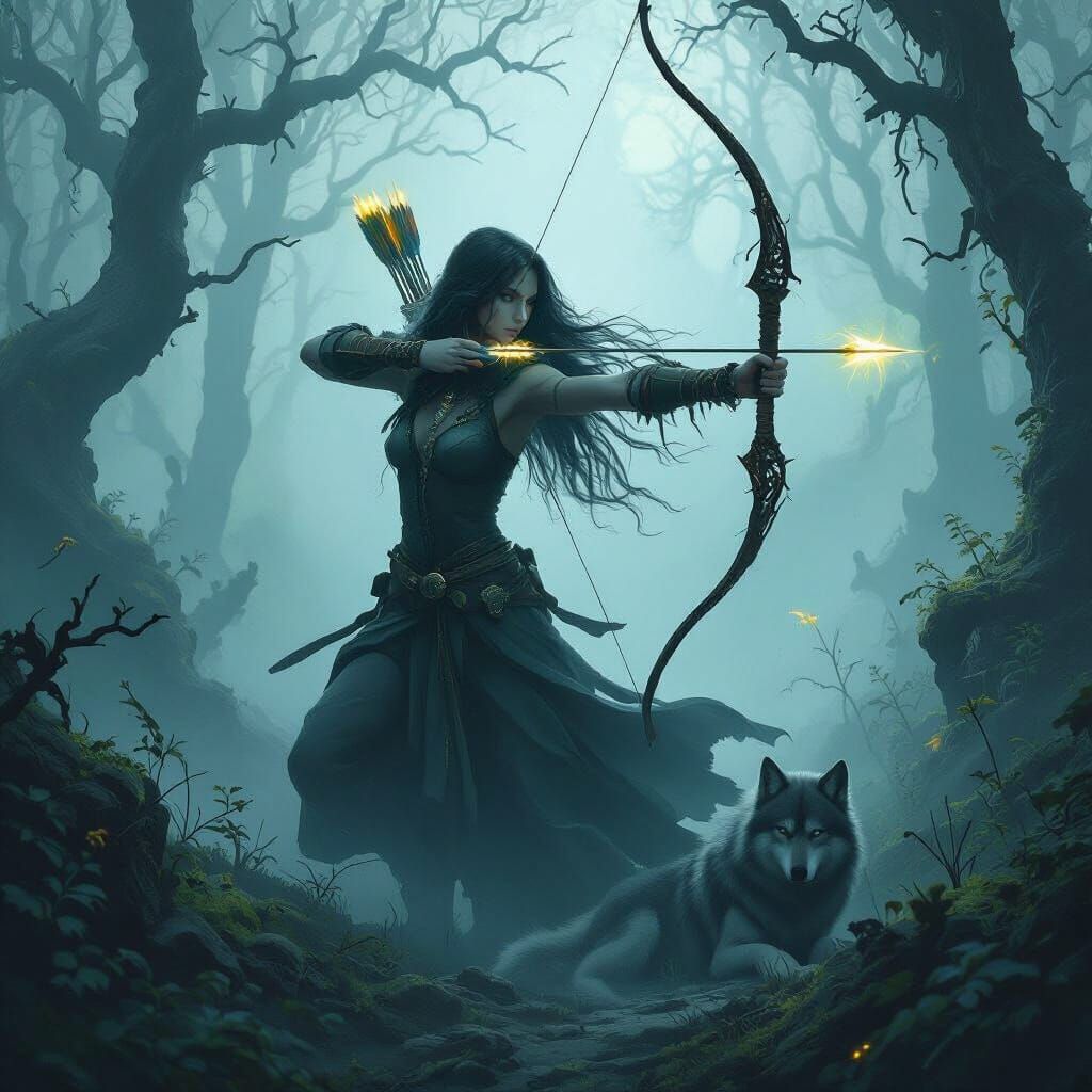 Spectral Huntress in Mist-Shrouded Forest in Dark Fantasy St...