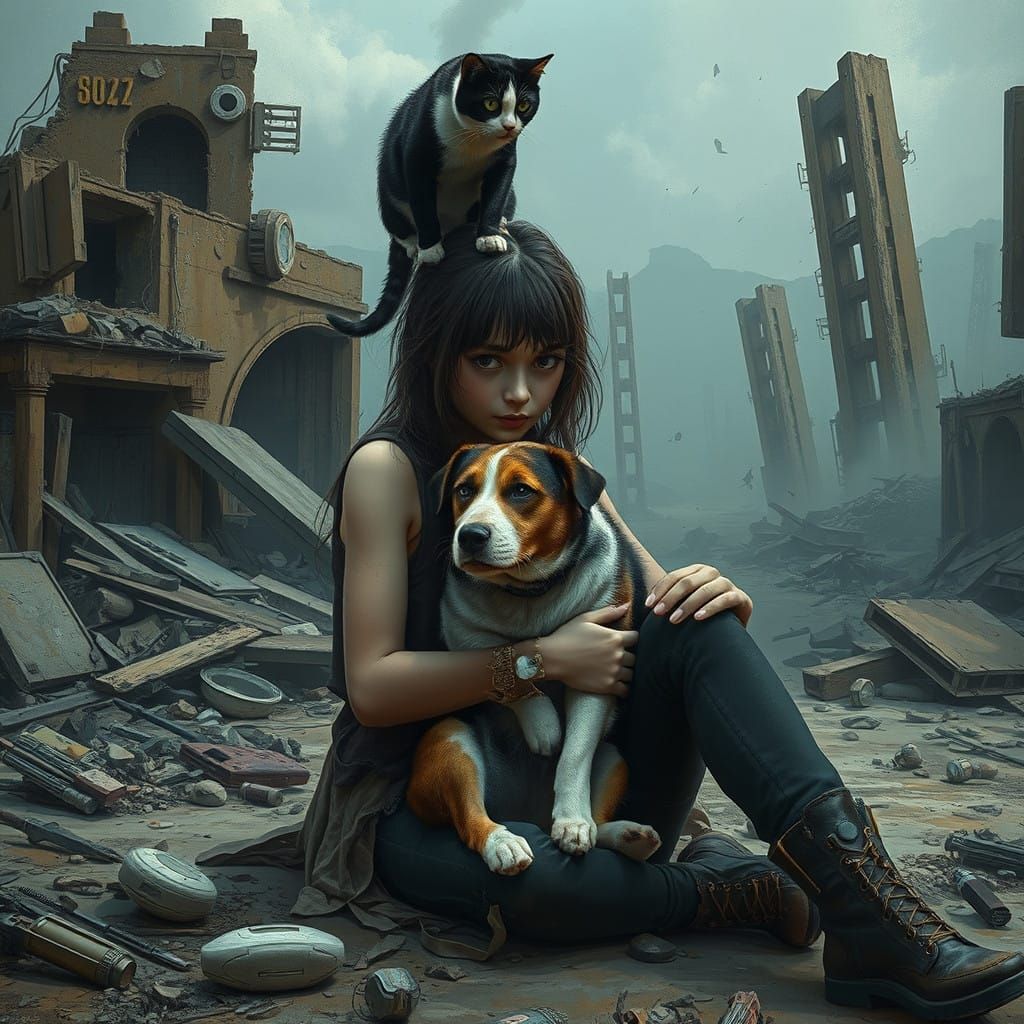 Lonely Girl Surrounded by Ruin in a Fantastical Post Apocaly...