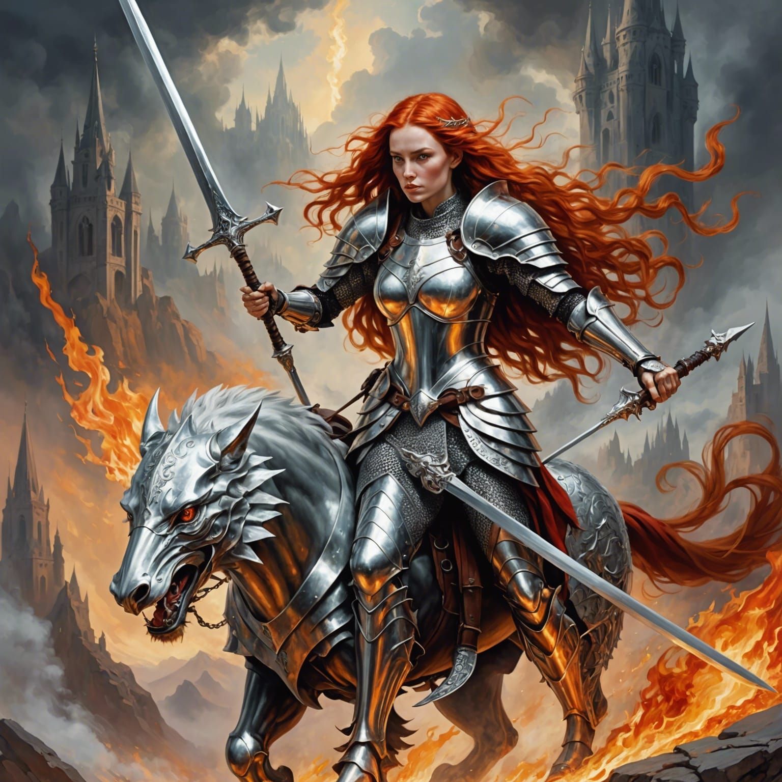 Elven Woman on Griffon: Surreal Oil Painting