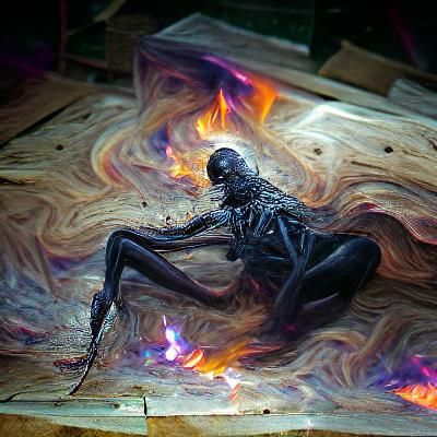 Intergalactic fire coating a black skeletal creature