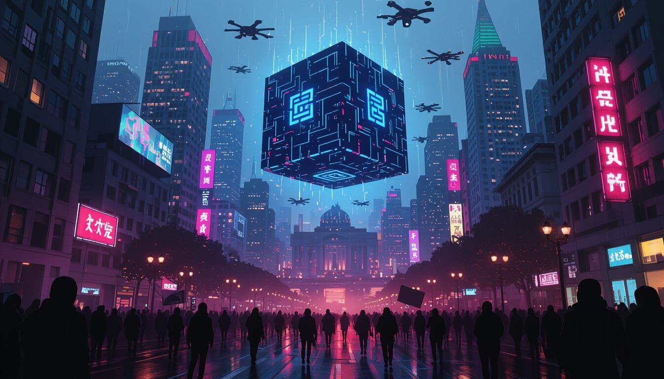 Cyberpunk AI God Over Futuristic San Francisco Civic Center