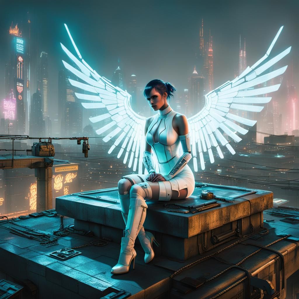 Cyberpunk Angel with Mechanical Wings on Rooftop