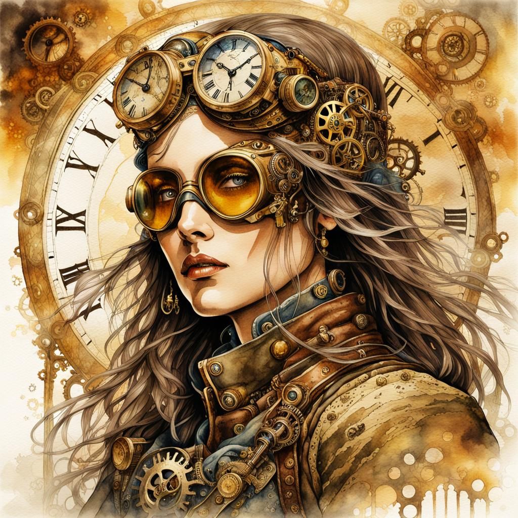 Steampunk Time Traveler Illustration in Watercolor and Ink