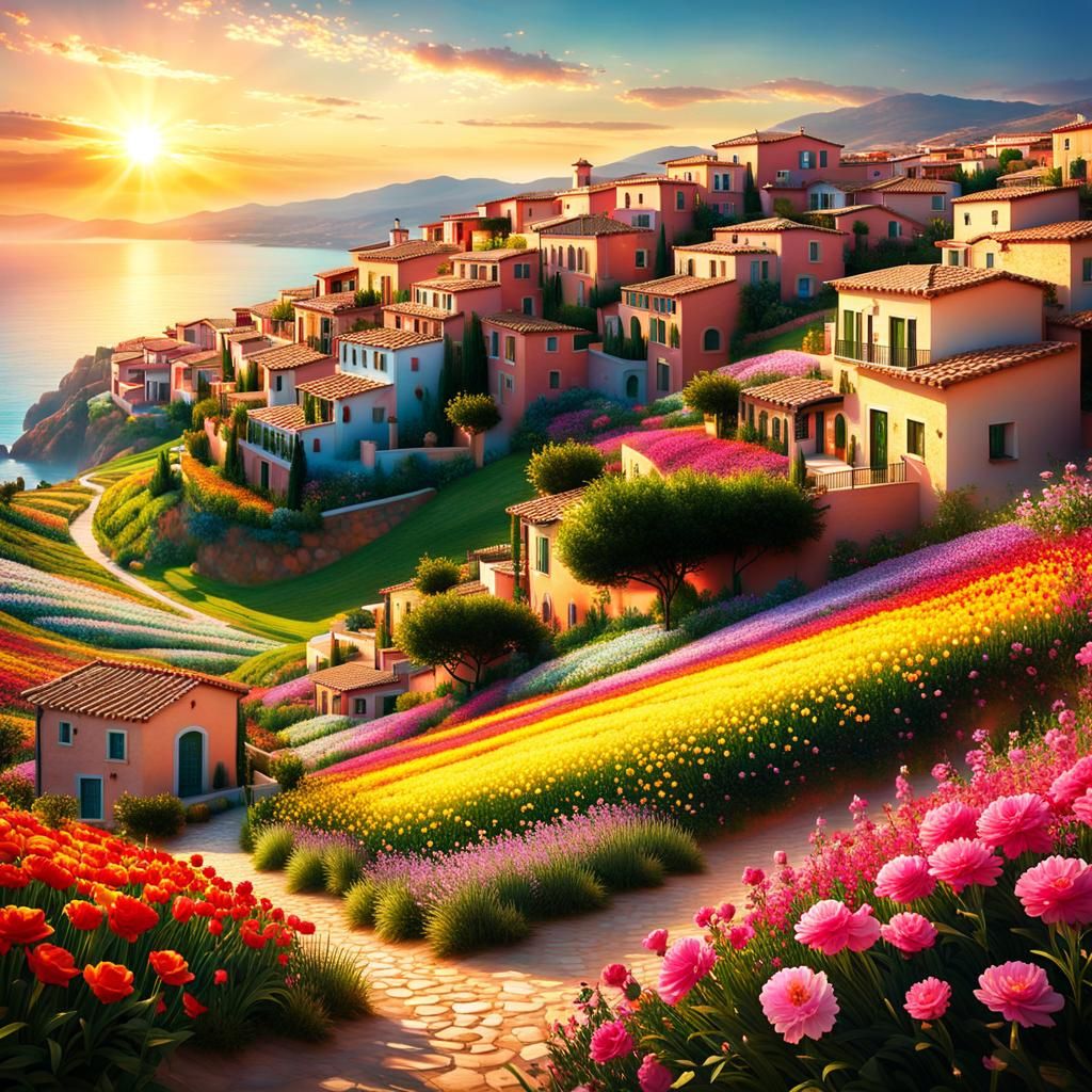 Mediterranean Village Sunset in Watercolor Style