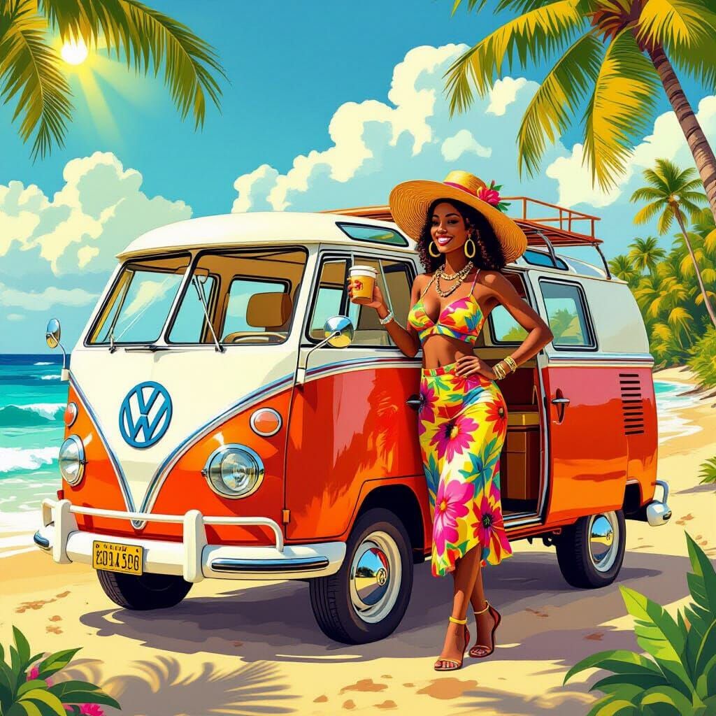 Jamaican Coffee Vendor on Sunny Beach, Folk Art Style