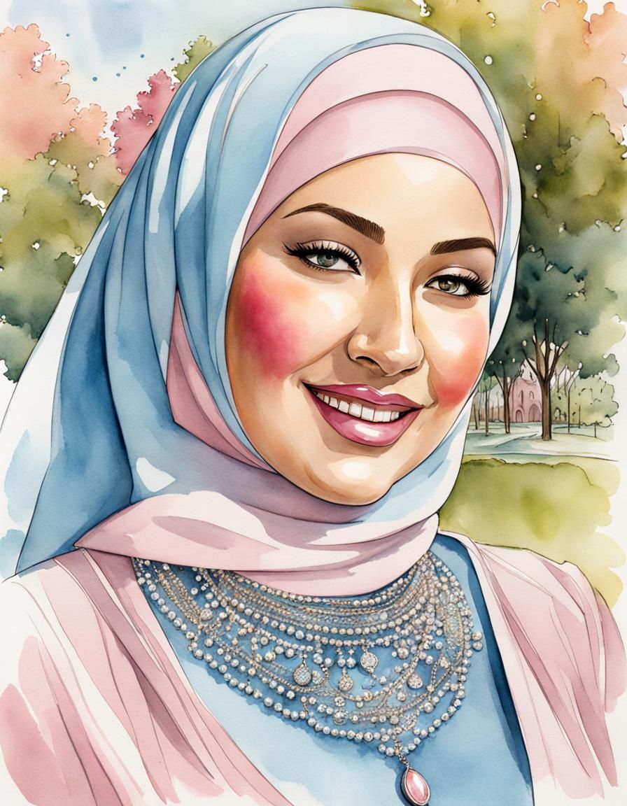 Elegant Hijabi Woman Portrait in Watercolor Style