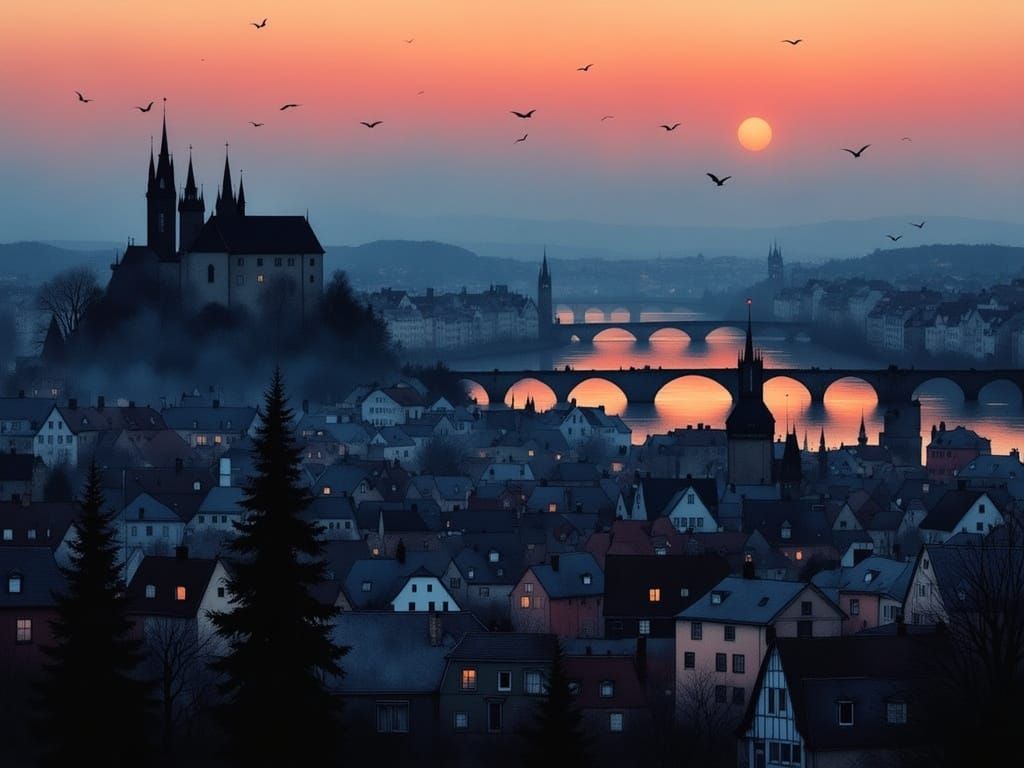 Surreal Cityscape in Silhouette Art Style