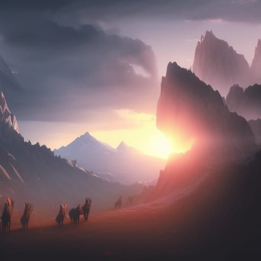 Wolves Chase Horses at Mountain Sunrise