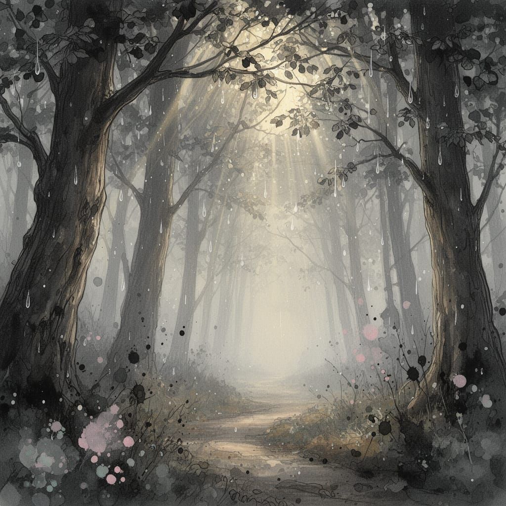 Ethereal Forest Path at Dawn in Mixed Media Style
