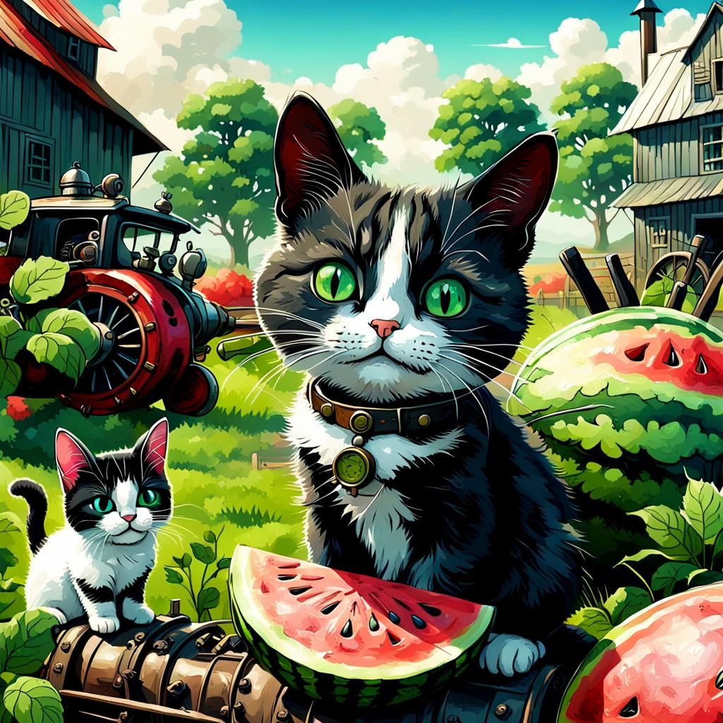 Animated Watermelon Chatting with Kitty, Steampunk Style