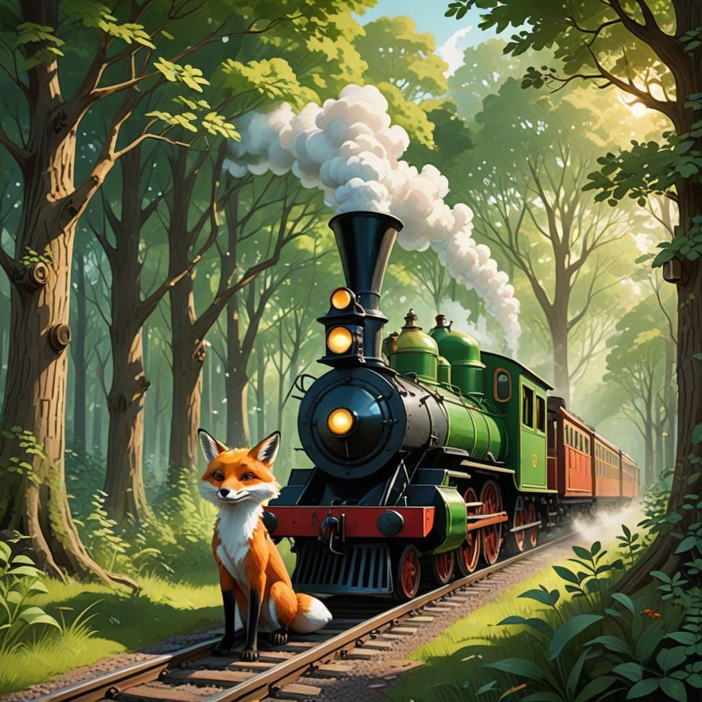 Whimsical Fox Secretly Conducts Steam Train in Forest