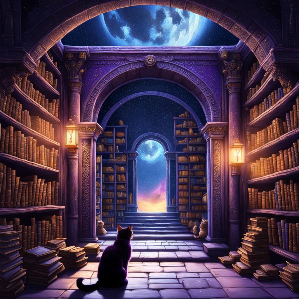 Galactic Library: Wizard and Cat in Hyper-Realistic Interior