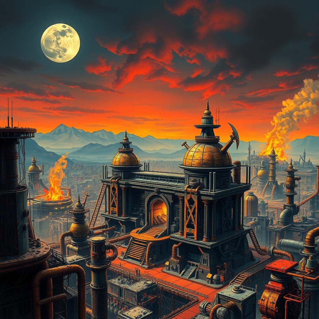 Gritty Forge Temple Under Sickle Moon
