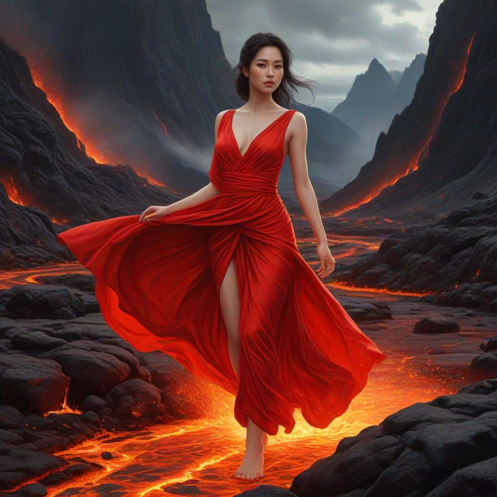 Lava Goddess: Asian Woman in Red Amidst Fire