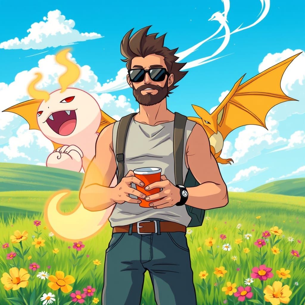 Cool Dude Enjoys Orange Drink with Gengar in Pokémon-Inspire...