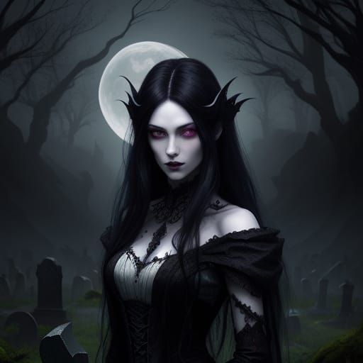 Beautiful Vampire in Moonlit Graveyard - Dark Fantasy Art
