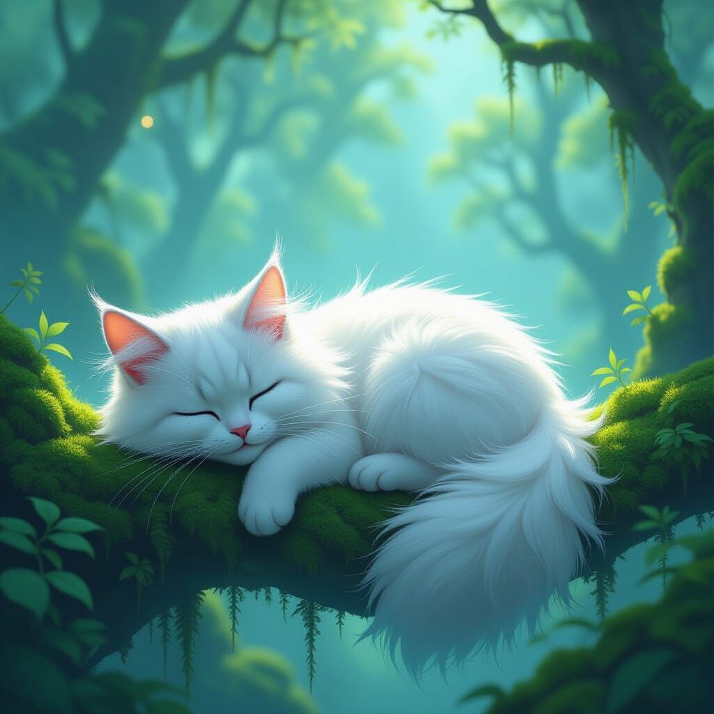 Fluffy Cat Asleep in Enchanted Forest - Fantasy Concept Art