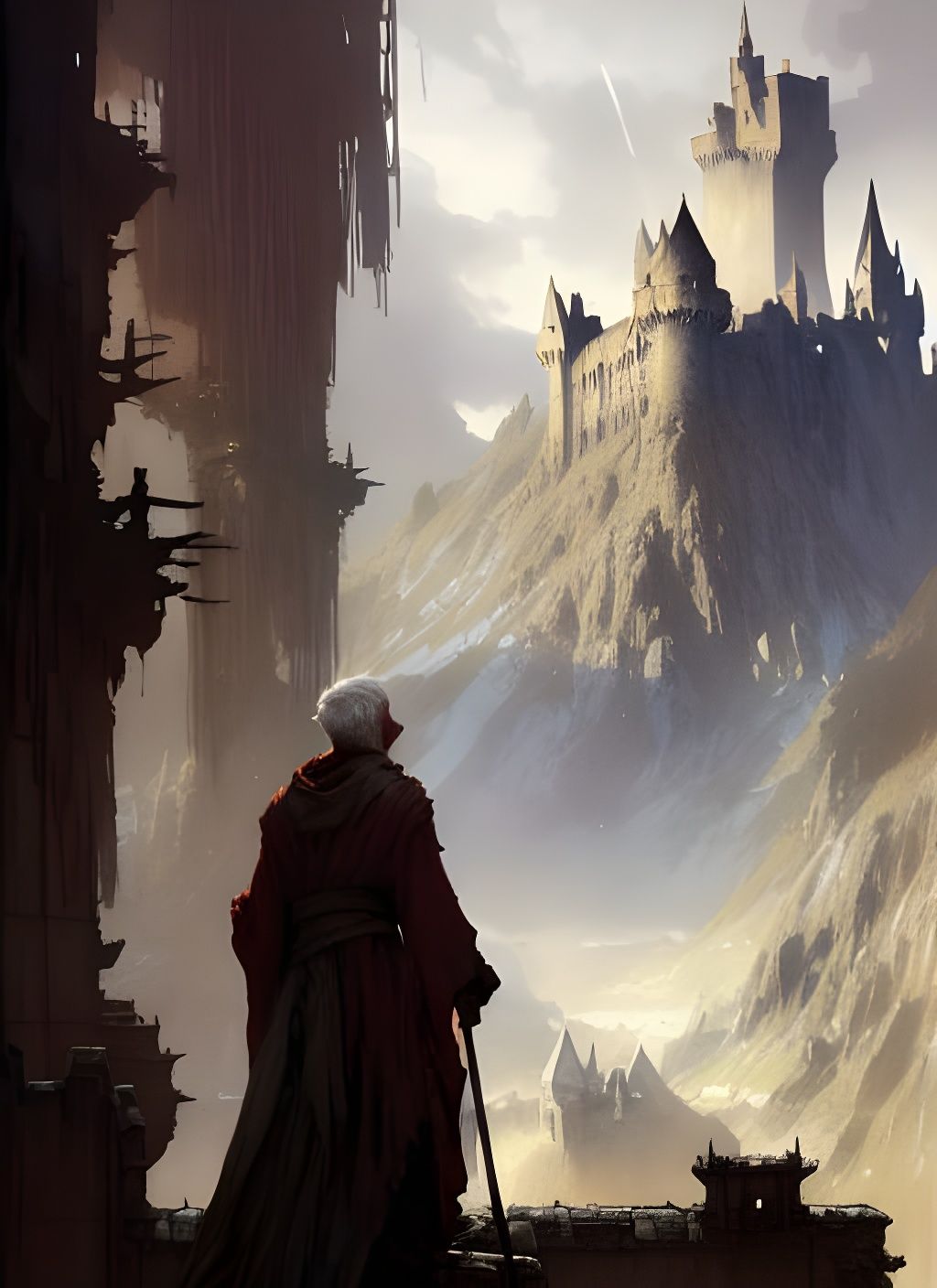 Wizard Gazing at Distant Castle Illustration
