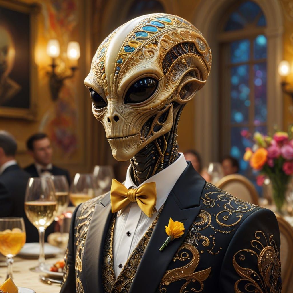 Alien in Tuxedo at Party in Vibrant Filigree Art Style