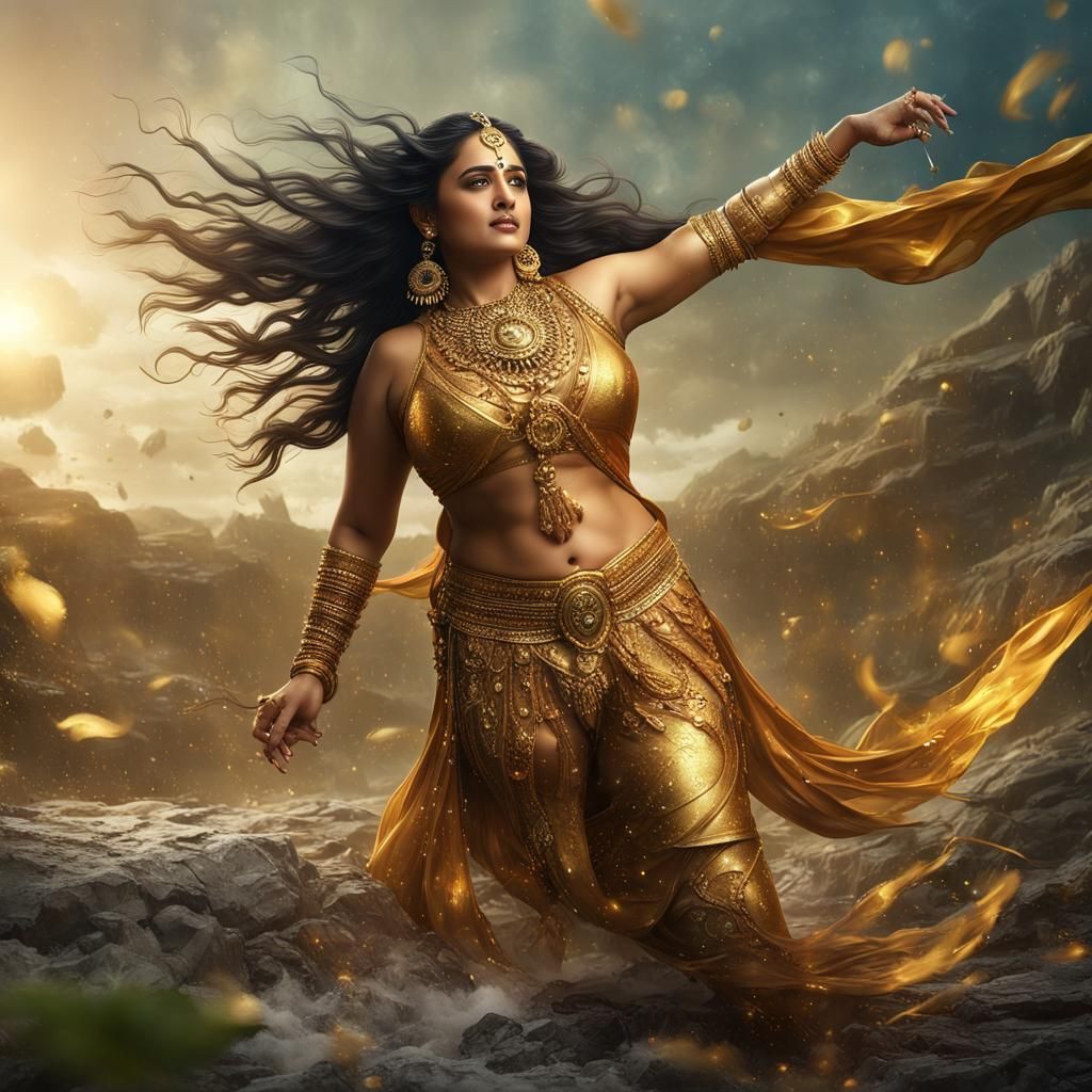 Curvy Woman in Golden Bikini: Detailed Fantasy Art