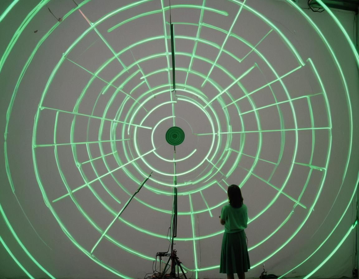 Cyclonic view Green spindle beam lancing a circle target neon lights a woman watches abstract art