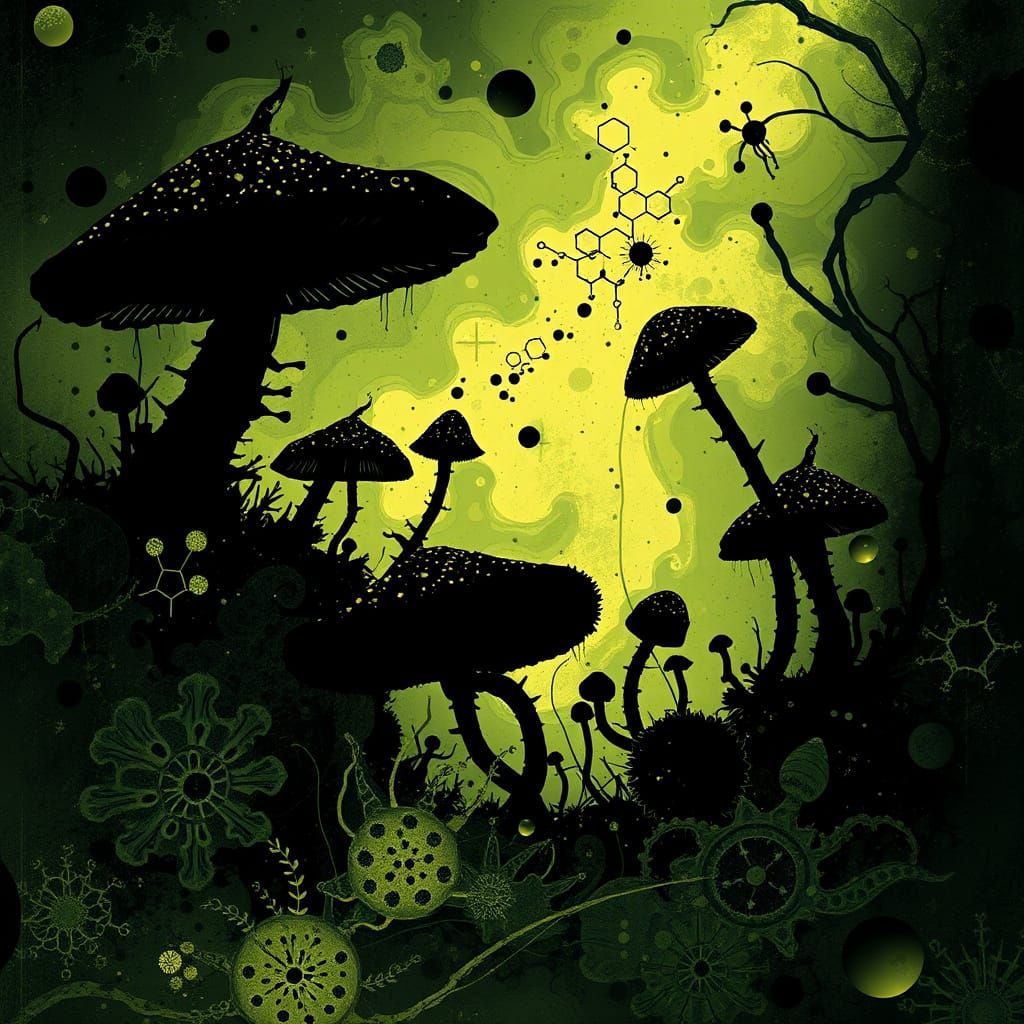 Mystical Fungi Amidst Chemical Swirls