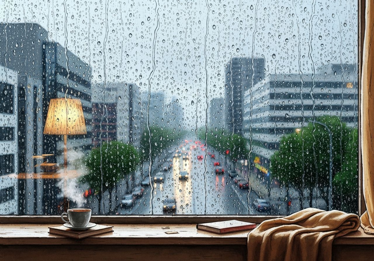 Rainy Cityscape Through Window with Tea and Books