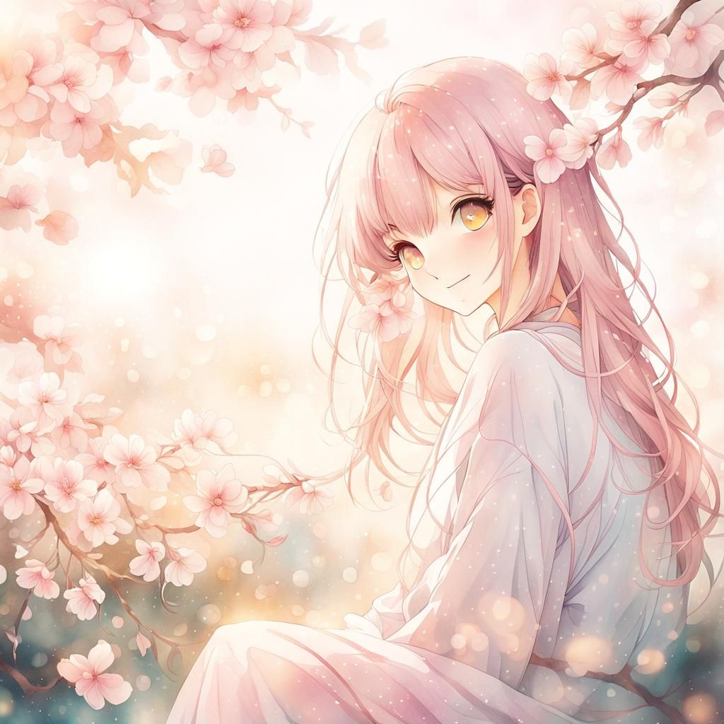 Anime Girl in Garden with Cherry Blossoms