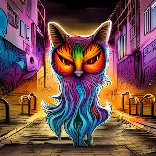 Ghost Cat Graffiti Art in Dark Fantasy Style