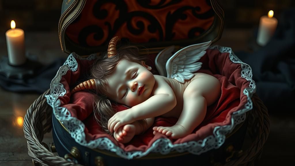Hyperrealistic Cherub with Horns in Ornate Bassinet