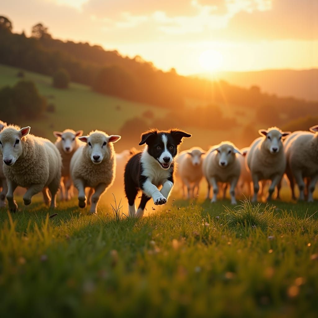 Border Collie Puppy Runs on Farm in Golden Light