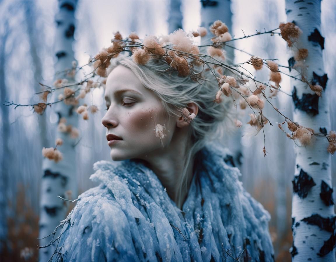 Nordic Woman Dancing in Frosty Birch Forest