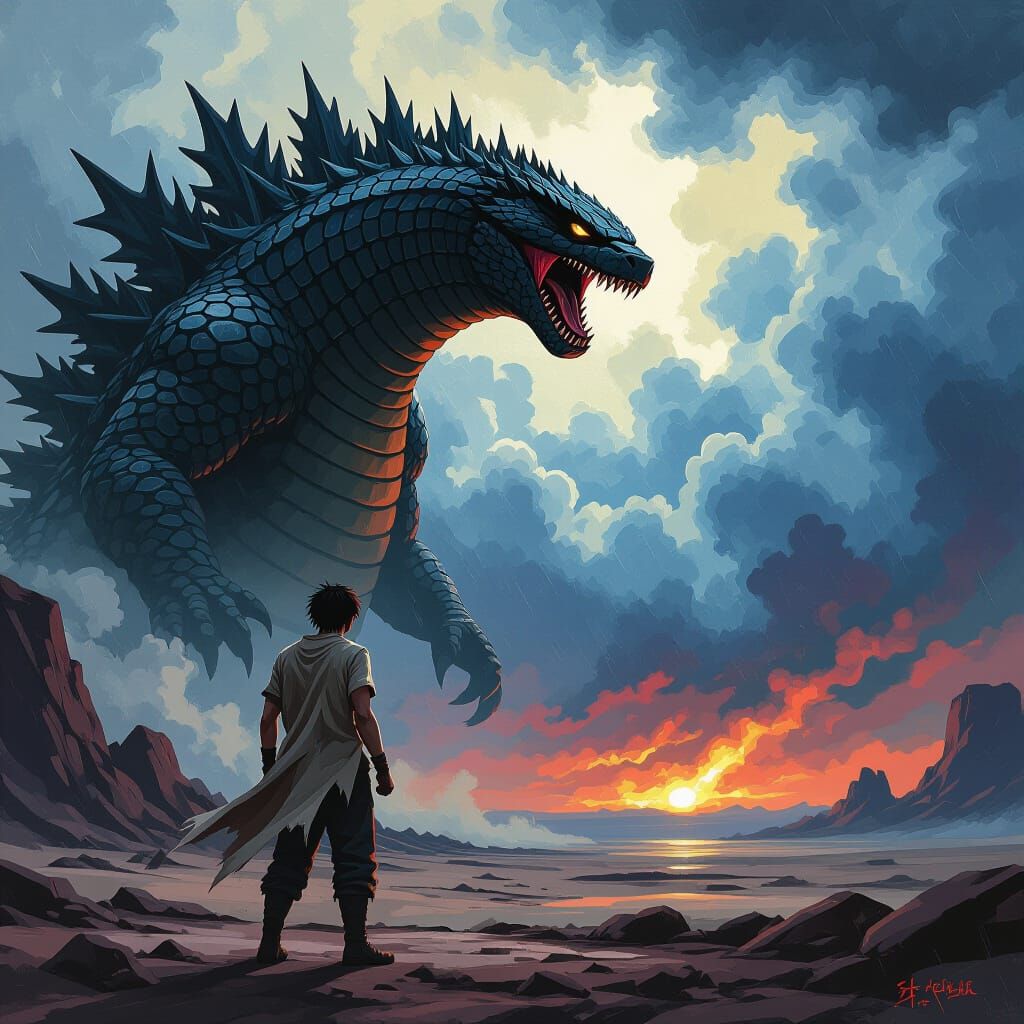 Boy Faces Shadow Monster in Dark Fantasy Style