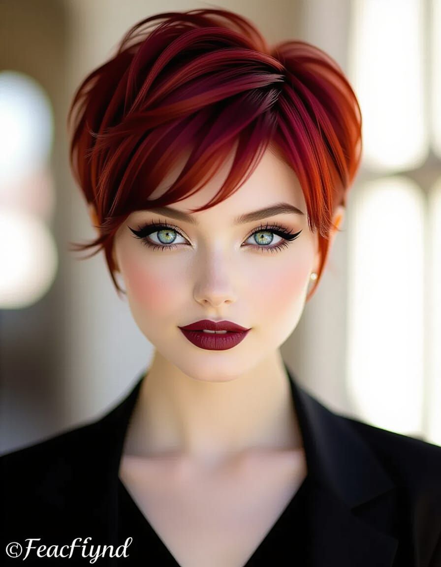 Cute Gothic Japanese Woman with Red Hair and Blue Eyes