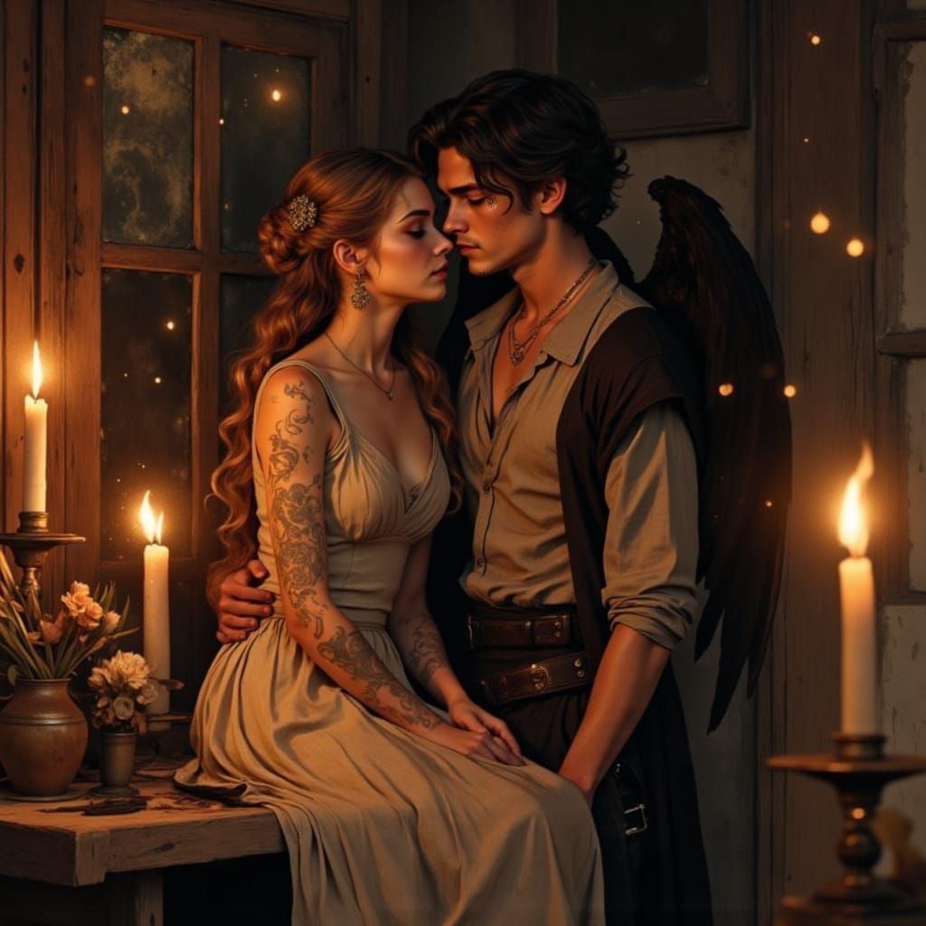 Romantic Cabin Scene with Glowing Tattoos