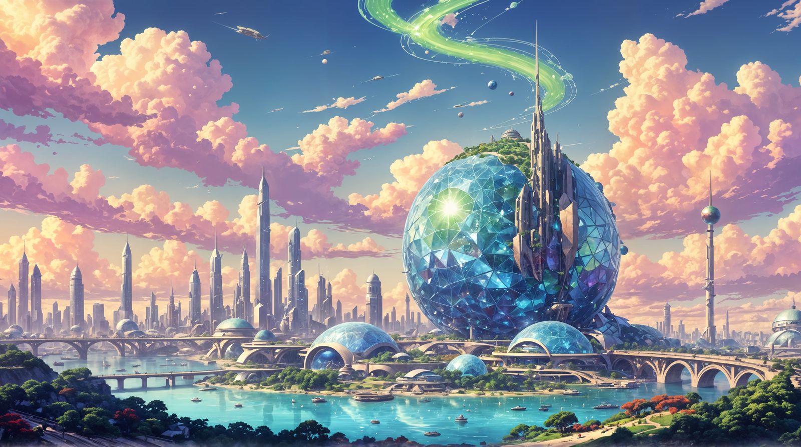 Vibrant Futuristic Metropolis with Crystal Sphere
