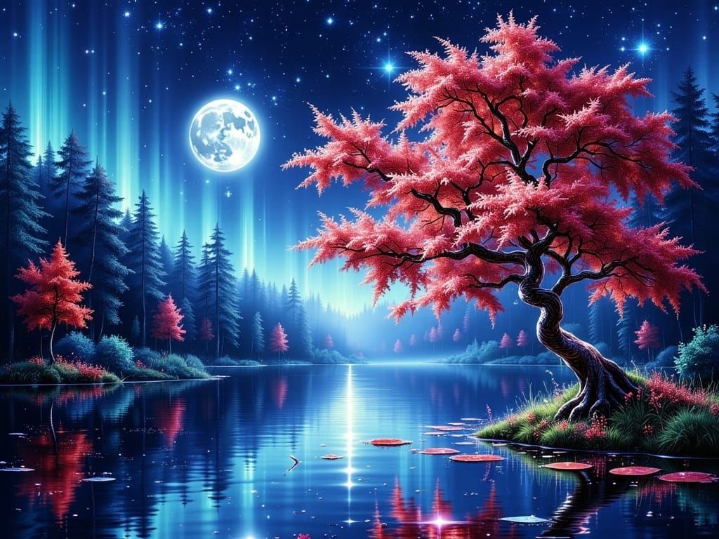 Dreamy Moonlit Landscape in Whimsical Style