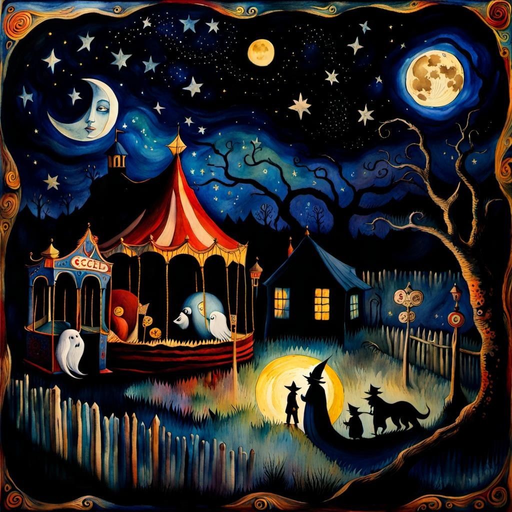 Moonlit Haunted Carnival in Watercolor Style