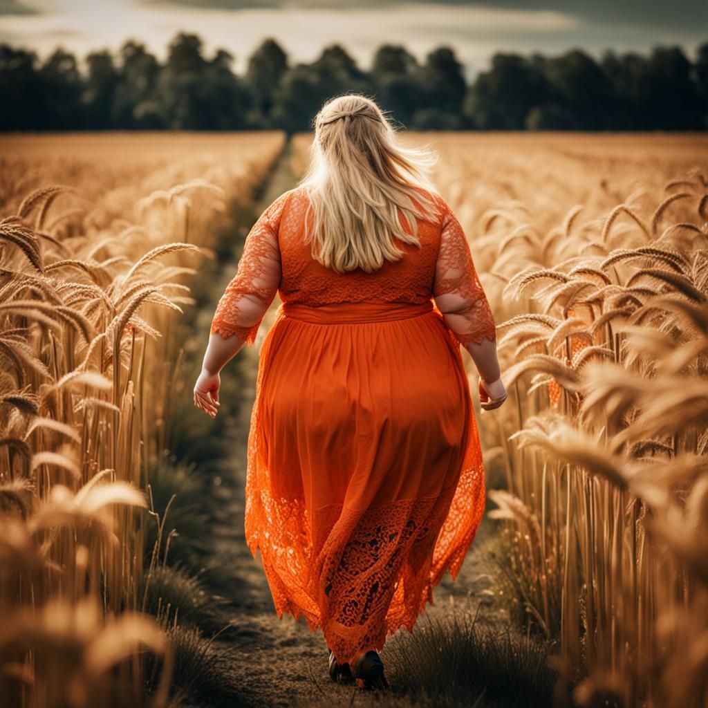Cheerful Blonde in Orange Lace Walks a Field