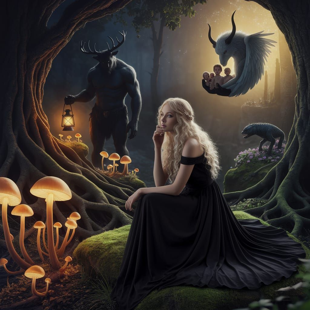 Enchanted Forest Scene with Horned Giant and Celestial Beast